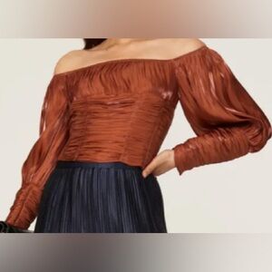 Line & Dot Silky, Rust Colored Off Shoulder Crop Top w/ Puffy Long Sleeves - M